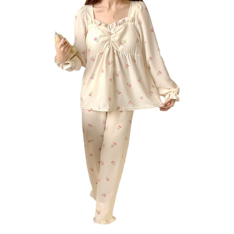 Estilo japonés pijamas frescos de las mujeres tejido volante V-cuello de algodón de otoño e invierno de manga larga con almohadilla en el pecho dulce homewear traje