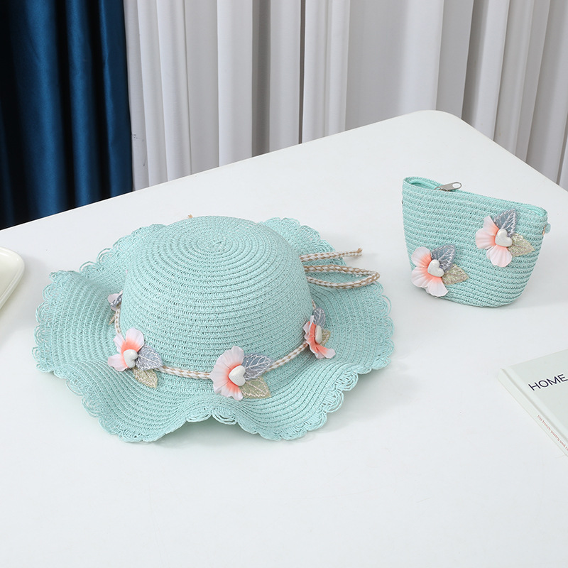 Flower decorated wavy edge straw hat-green