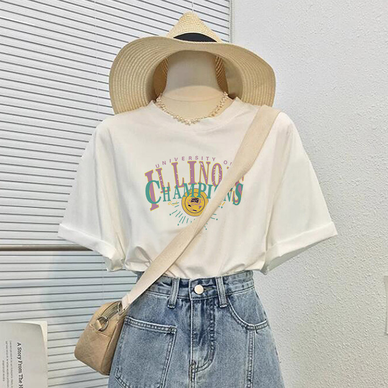 Designed Niche Short-Sleeved T-Shirt for Women 2025 Summer New Korean Style Round Neck Top Loose White Right Shoulder T-Shirt