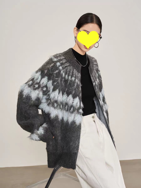 高级感仿貂绒菱格提花开衫针织衫2025秋冬新款宽松休闲毛衣女外套|undefined