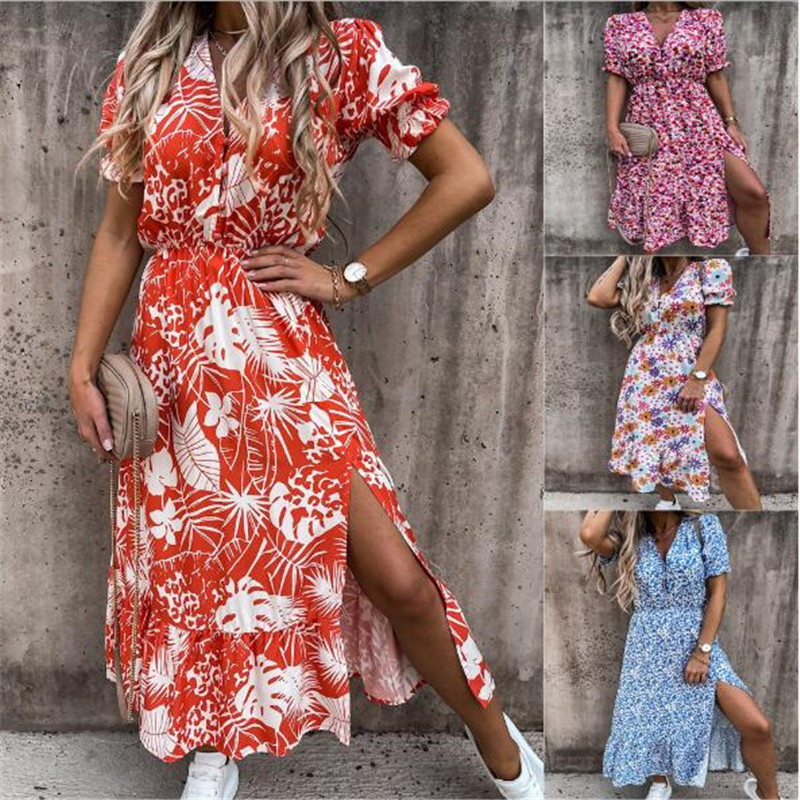 Casual Flower V Neck Short Sleeve Printing Slit Polyester Dresses Maxi Long Dress Regular Dress display picture 1