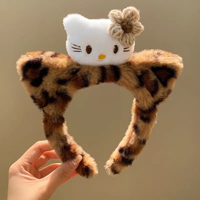 Hermoso leopardo gatito peluche casero lavado de la cara de la niña de la cabeza de la banda de maquillaje máscara de presión de cabello joyas de cabello
