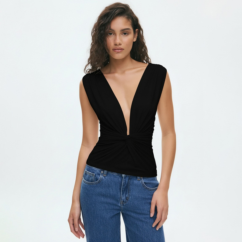 Women's V Neck Pullover Top Spring Summer Solid Color Ruched Knot Waist Cinching New Fashion_ecoleips.com