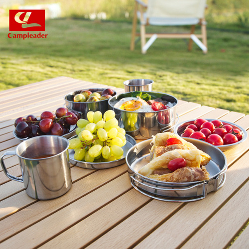 Outdoor stainless steel pot set 8-piece tableware set portable bowl barbecue pot mountaineering 5-6 person folding set camping