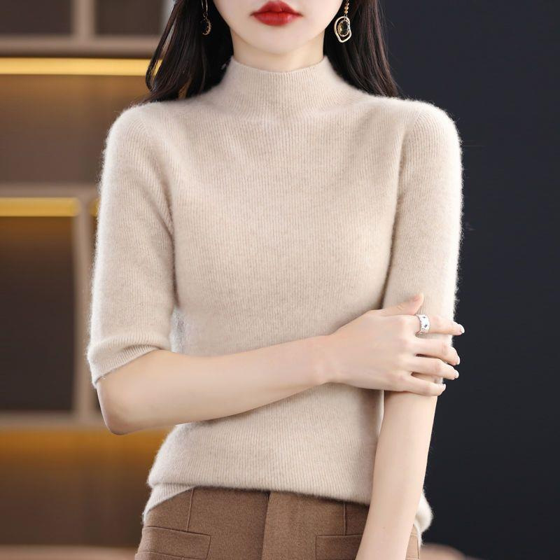 女性用の西洋風ボトムシャツ、七分袖、春秋のミッドスリーブ、ハーフタートルネック、スリムで高級な半袖ニットセーター|undefined