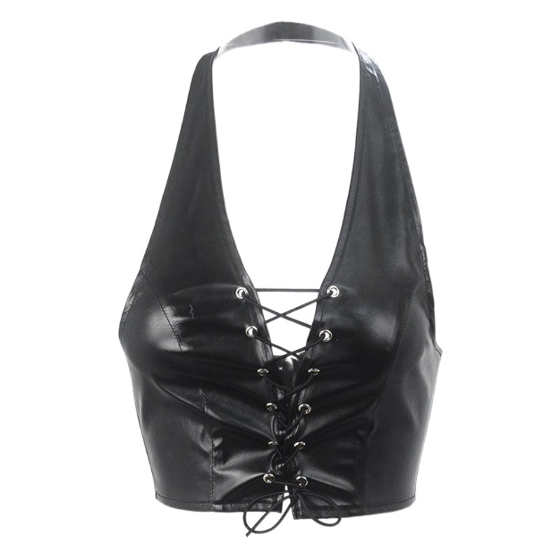 INS estilo europeo y americano 2023 Comercio exterior verano popular Halter sexy sin espalda con cordones de las mujeres cortas de la PU chaleco