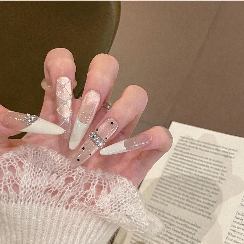Milky white French-style sheer nail wraps, long, with a delicate dog-pattern design, offering a gentle, Korean-inspired, handmade manicure look, and a high-end aesthetic Milky white French-style sheer nail wraps, long, with a delicate dog-pattern design, offering a gentle, Korean-inspired, handmade manicure look, and a high-end aesthetic