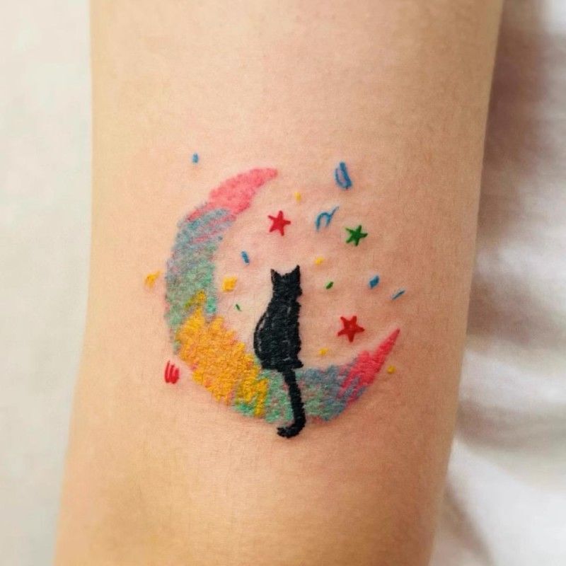 Love Moon kitten oil painting stick hand painted colorful waterproof tattoo stickers fresh girl cute cute cute ins style