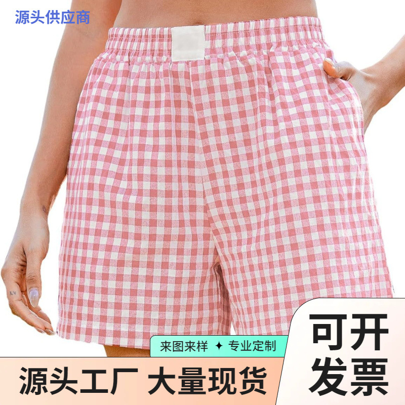 2025亚马逊欧美女式平角短裤休闲格子时尚夏季弹性松紧腰部休闲裤