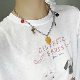 新款甜酷个性苹果蘑菇石头玛瑙黄玉爱心吊坠项链天然石金属锁骨链