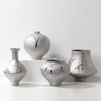 Modern New Chinese Style Silver-Painted Ceramic Handmade Vase Model Room B&B Tea Room Study Desktop Home Furnishings