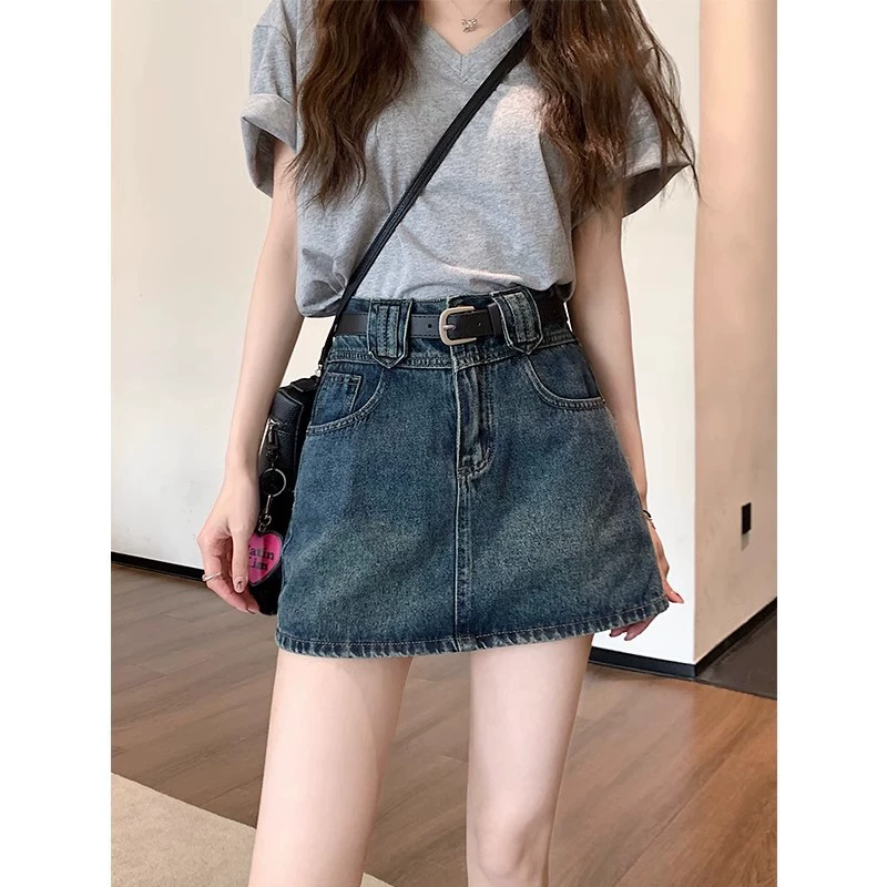 Ретро джинсовая юбка большого размера женское лето толстый мм анти-светлая высокая талия тонкая бедра короткая юбка брюки