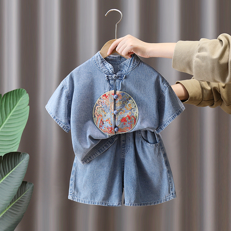 7231 Traje de estilo chino para niños, estilo occidental, traje de dos piezas de mezclilla de manga corta de verano, Hanfu delgado de moda de verano