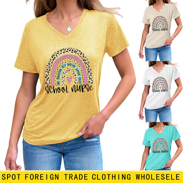 亚马逊独立站现货休闲V领女士T恤SCHOOL NURSE爱心宽松ebay短袖