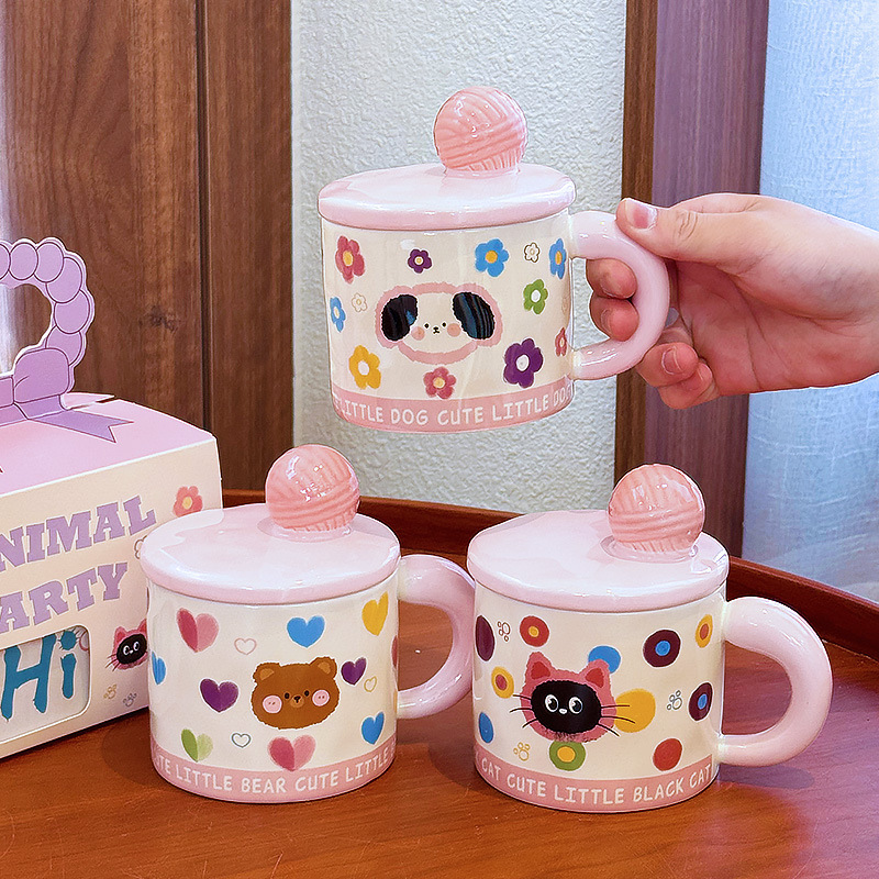 猫マグカップ蓋付きセラミックカップかわいい女性誕生日プレゼント子犬ベアー高颜値オフィスカップ|undefined