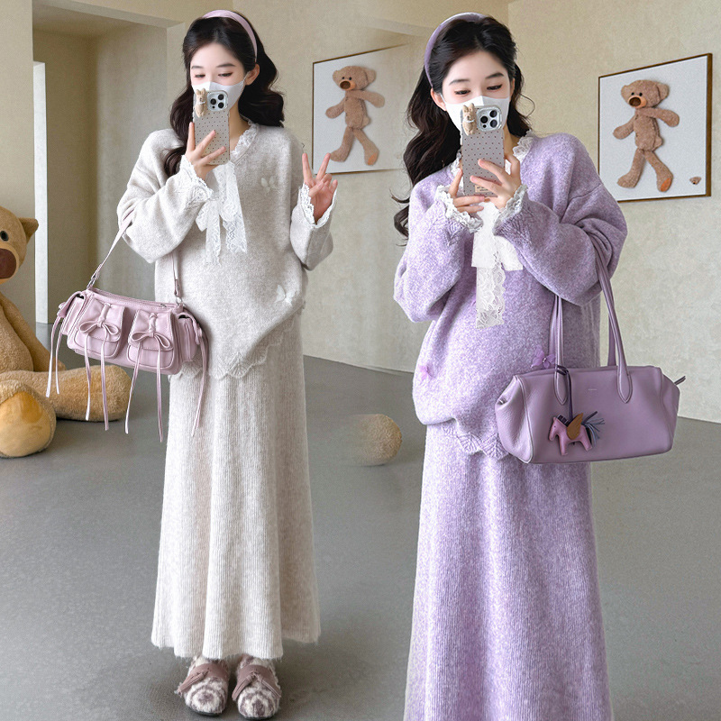 2025秋冬孕妇套装时尚设计蝴蝶系带毛衣上衣+半身裙两件孕妇套裙