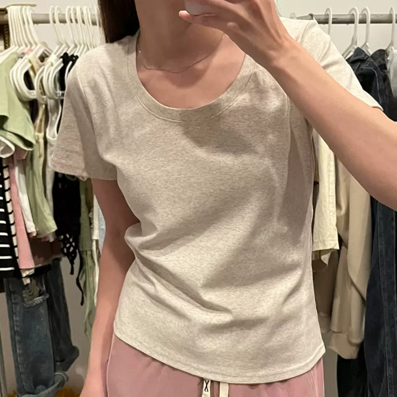 正肩短袖U领纯棉t恤女夏季女装修身显瘦设计感休闲百搭美式上衣潮