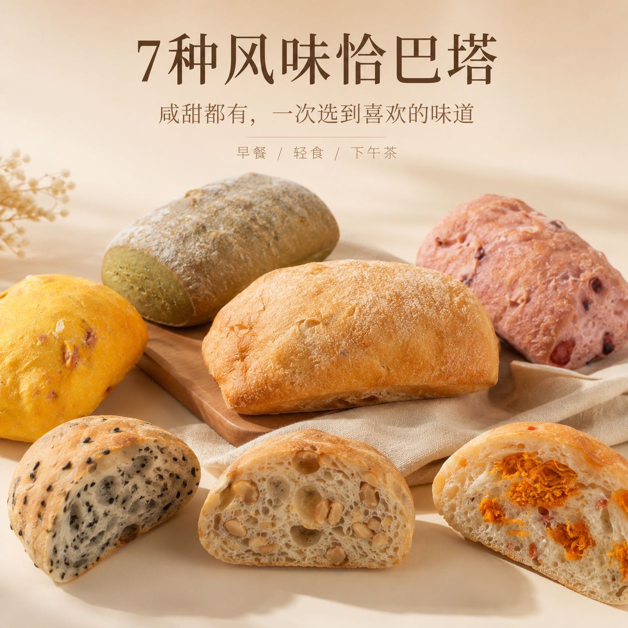 Ciabatta Whole Wheat Bread Sucrose-Free Fitness Meal Replacement Healthy Whole Grain Breakfast Bread Pepper Nuts Black Sesame
