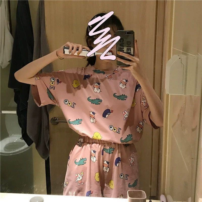 Костюм пижамы тонкой рисунок cartoon oversize, летняя свободная одежда с коротким рукавом, милый принт (M–XXL)