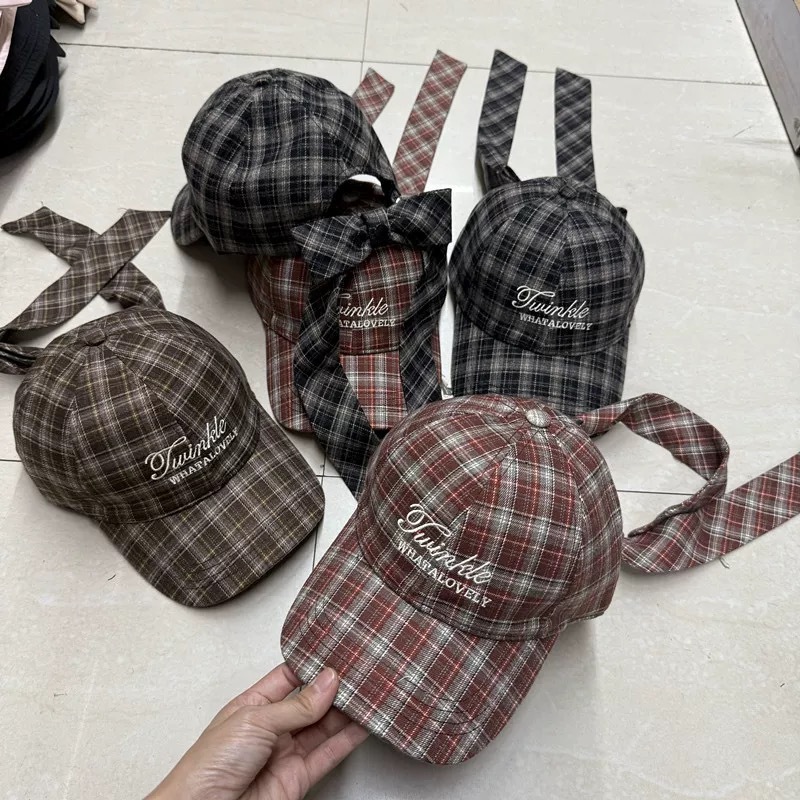 秋冬百搭撞色条纹格子显瘦减龄棒球帽子女卡通蝴蝶结飘带鸭舌帽潮|undefined