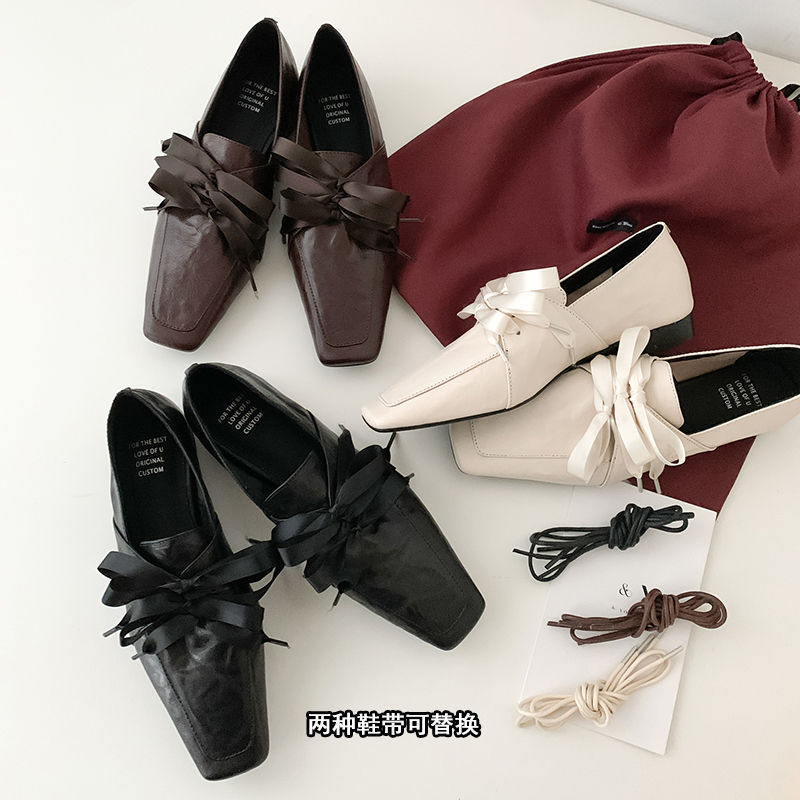 Ready in Stock and Shipped in Seconds! Retro Square-Toe Lace-Up Loafers, One-Leg Bow Ballet Shoes, Low-Heeled Small Leather Shoes for Women