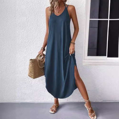Summer European and American elegant style women's cotton polyester spaghetti strap V-neck solid color A-line women's dress