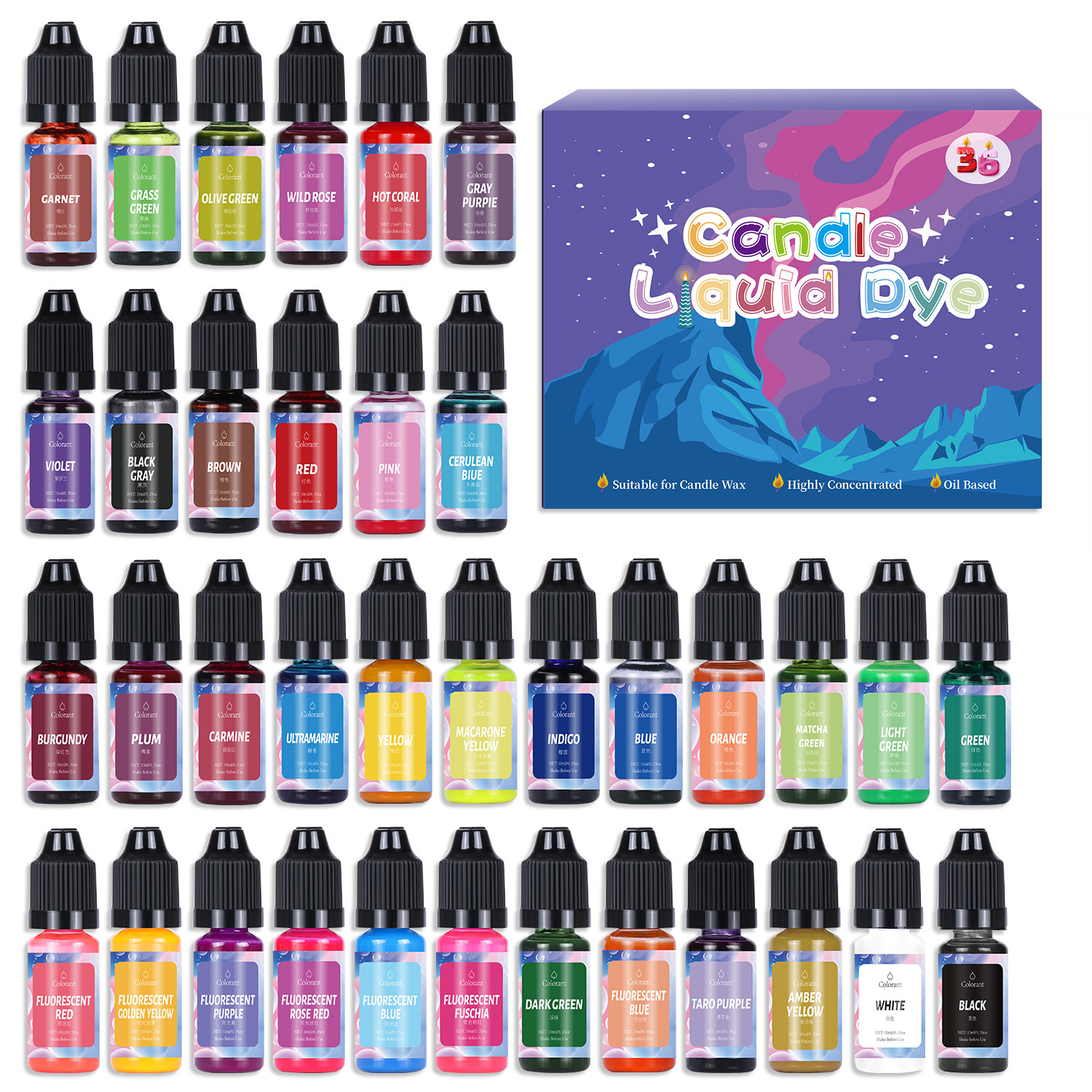 Cross border 36 color 10ml candle colorant DIY handmade soap pigment soybean wax dye high concentrat