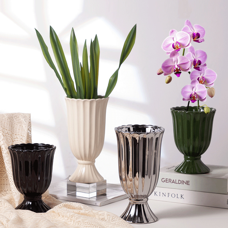 Roman Column Ceramic Simple Vase French Ins Style Flower-arranging Ornaments Holed Flower Pot Hotel Ornaments Cross-border