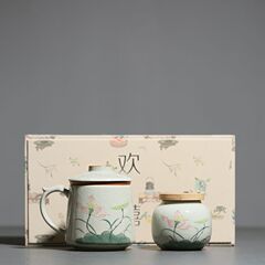 手描き氷割れハスの花マグカップ中国式釉薬下彩陶磁器茶水分離カップマグカップ茶葉缶ギフトボックス