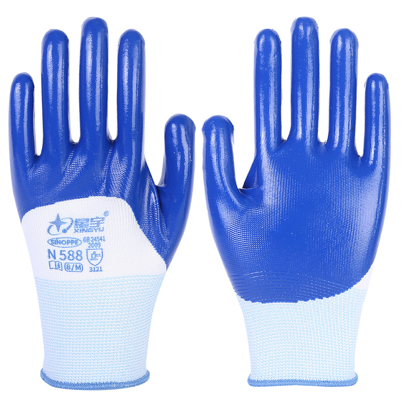 Guantes impregnados de nitrilo en stock al por mayor Xingyu guantes de protección laboral guantes de nitrilo de inmersión total guantes de goma de nylon de 13 pines