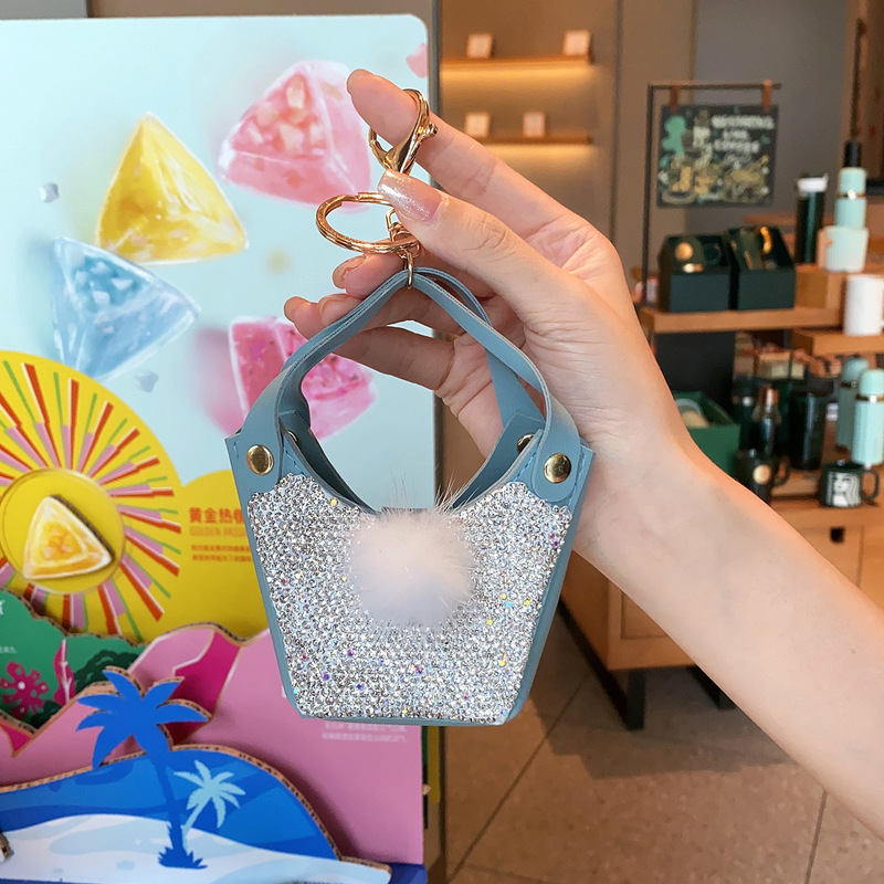 Internet Celebrity Fashion Ins Style Glittering with Diamond Handle Vegetable Basket Bag Mini Keychain Pendant Coin Purse