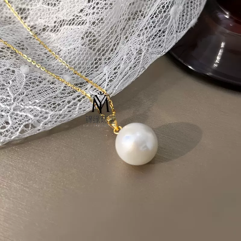 珍珠吊坠扣头珍珠项链18k金正圆锁骨链时尚轻奢百搭项饰彩金au750