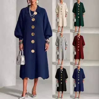 新款2026欧美跨境针织金属纽扣女式外套秋冬纯色休闲时尚连衣裙