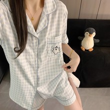 ins风格子睡衣女款夏季纯棉纱布短袖短裤三件套装可爱小狗家居服