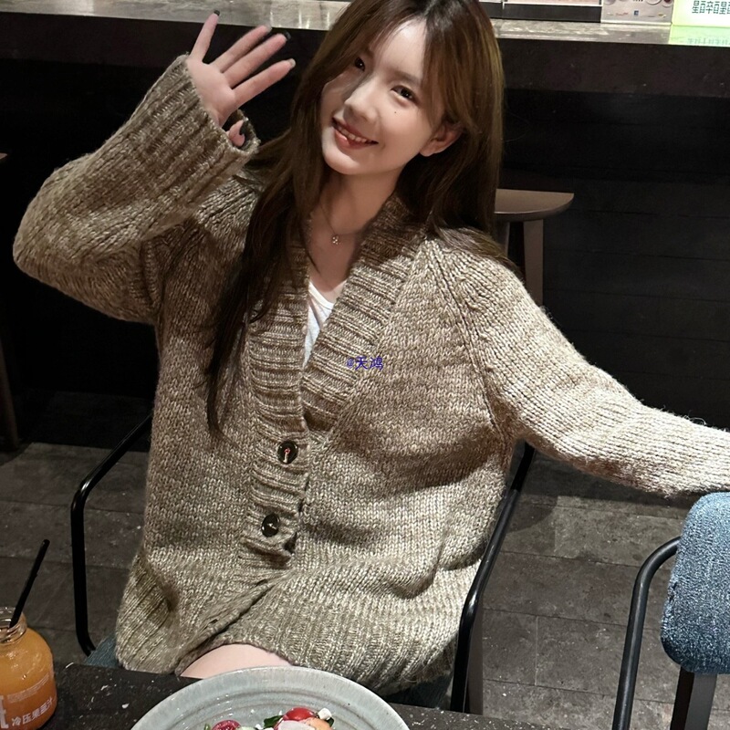 *Home Heavyweight Lazy Style Brown Thick Stick Needle Mid-Length Silhouette Knitted Cardigan Sweater Jacket