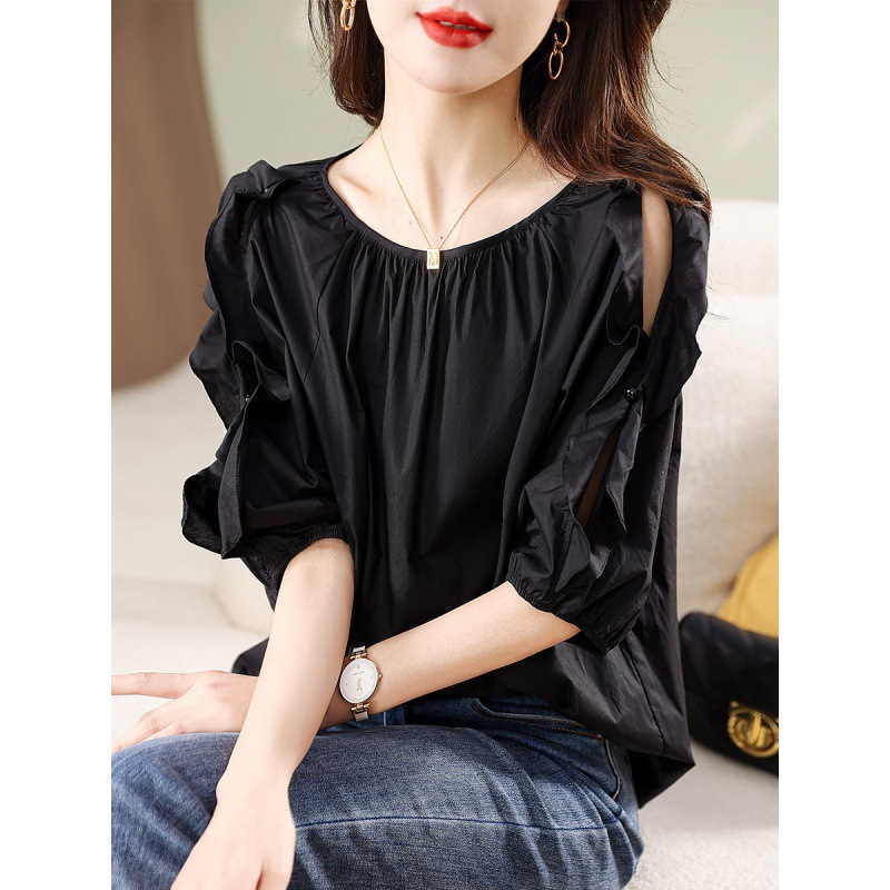 雪纺衫女半袖夏季2022新款黑色洋气小衫宽松女人味遮肚子显瘦上衣