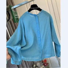 设计感前后两面穿高端湖蓝色棉麻上衣女夏季2025新款防晒衬衫罩衫