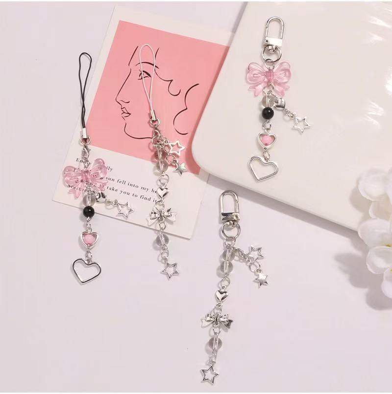 Japanese and Korean Style Ins Style Sweet Girl's Heart Silver Star Bow Mobile Phone Chain Simple All-match Goo Card Pendant