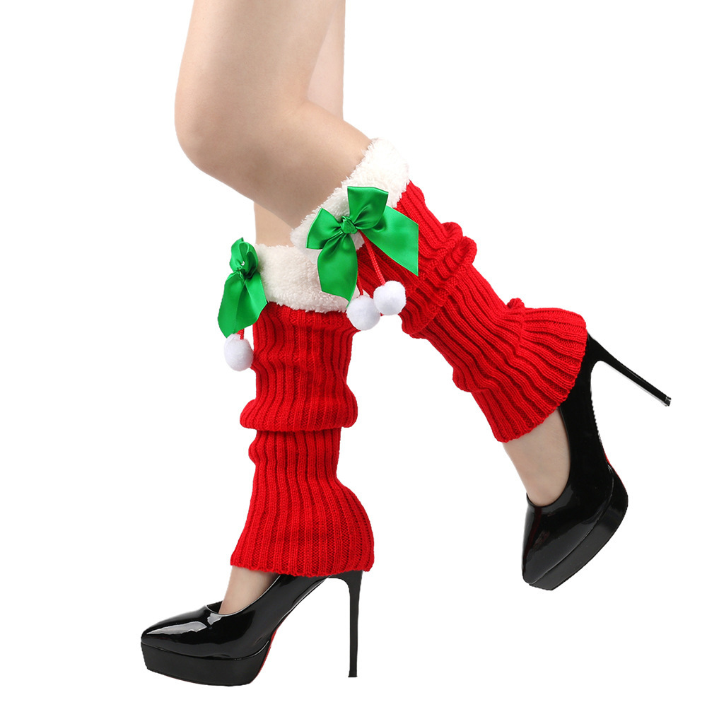 Filato con nodo a farfalla con calze di Natale di peluche per donna, calzini caldi in pile lavorato a maglia, protezioni per le gambe, calzini di lana per la bocca_voghion.com