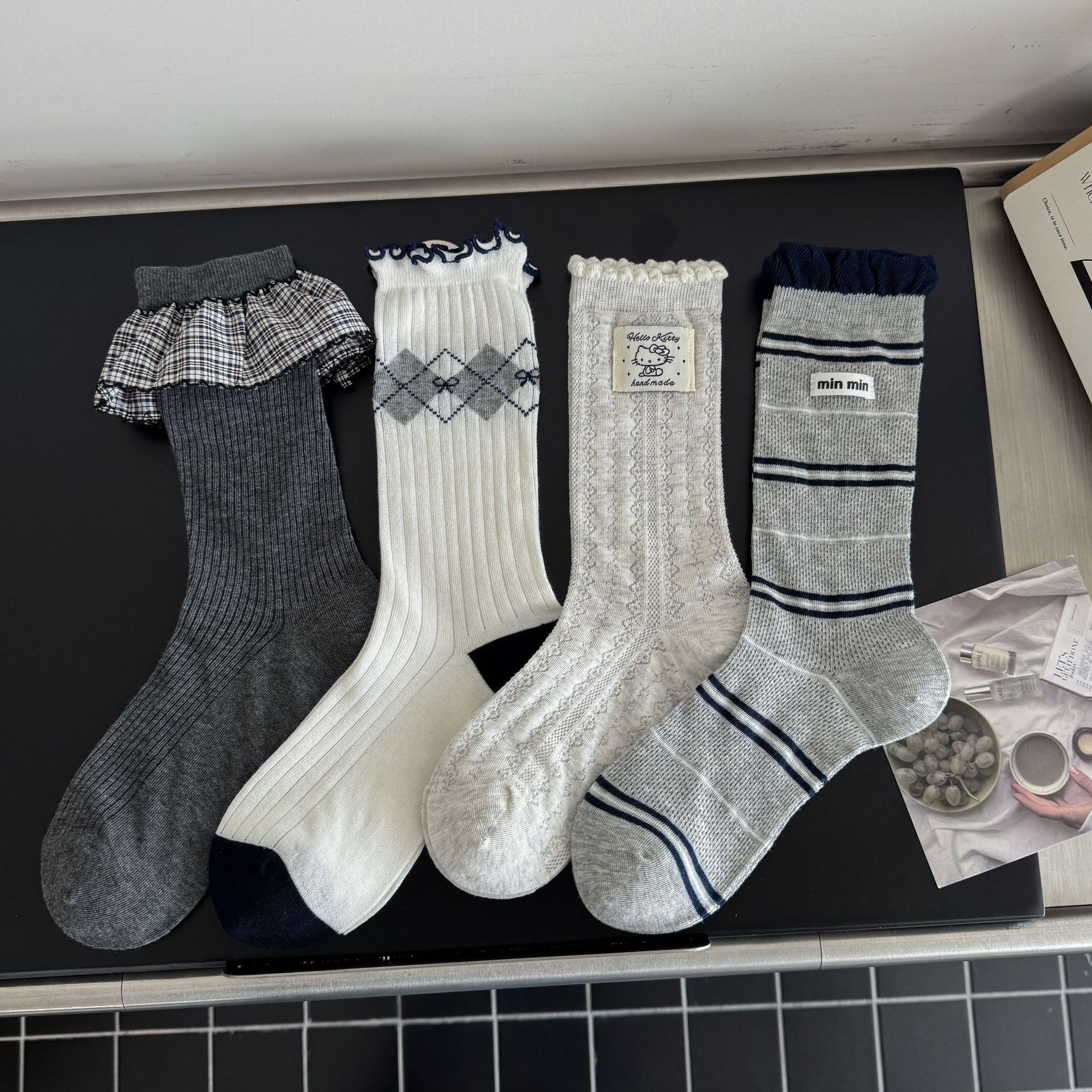 Vintage Preppy Ribbed Cotton Ruffle Trim Crew Socks For Cute Everyday Outfits Detail View 1