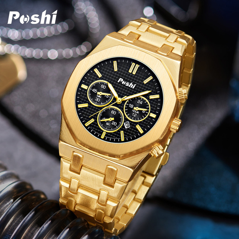 POSHI reloj transfronterizo popular multifunción reloj deportivo reloj de los hombres al por mayor correa de acero impermeable reloj de cuarzo