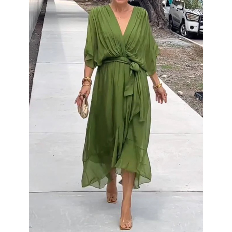 2026 New European and American Women's Clothing Cross-Border Amazon Solid Color Tie-Up Long Dress Batwing Sleeve Irregular Dress Plus Size