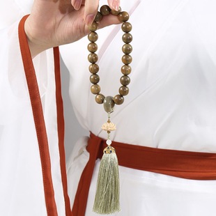 Natural Green Sandalwood Buddha Bead Bracelet with Tassels and Bodhi Seeds, Old Material Sandalwood Bracelet for Men and Women