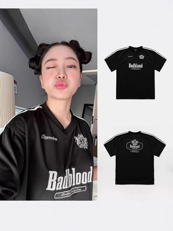 Jinyilinと同じスタイルのルーズ刺繍ルーズTシャツレディース韓国ファッションブランドbadbloodアメリカンストリートジャージ半袖|undefined
