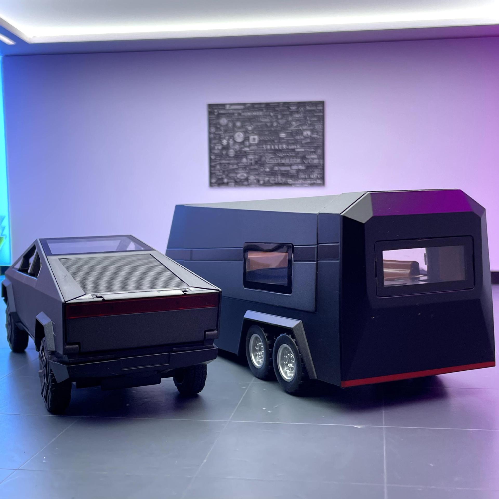 Nuevo modelo de coche de aleación Haodi 1:32 tesila camioneta remolque Tire hacia atrás el sonido y la luz juguete coche RV modelo adornos