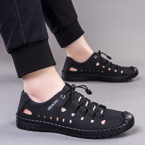Cross-border men's sandals, summer leather sandals, men's genuine leather toe-toe clogs, casual hollow sandals, beach shoes for men