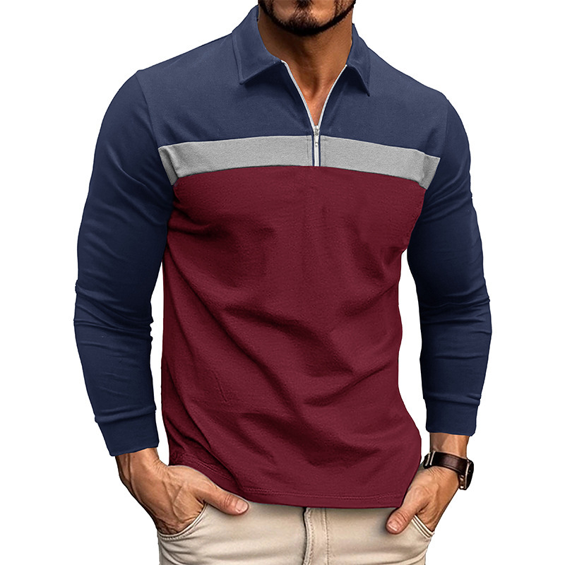 Cross-border European and American Size Polo Men's T-shirt 2023 Autumn and Winter New Lapel Stitching Polo Shirt Foreign Trade Men's Long Sleeve Top