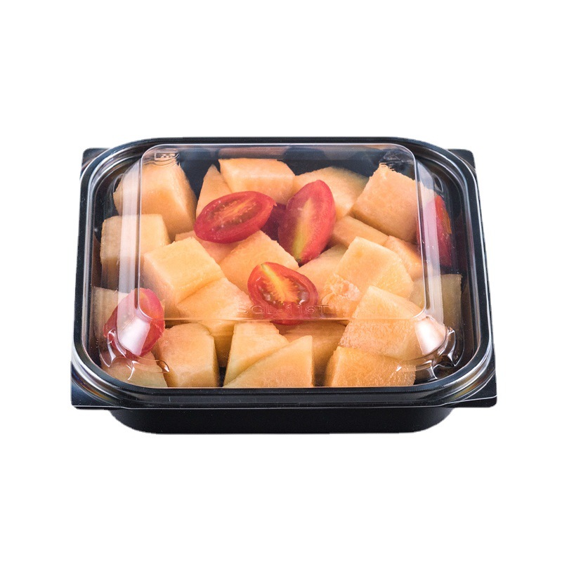 3格果盘一次性鲜果切沙拉水果打包黑色透明塑料果捞盒加厚正方形