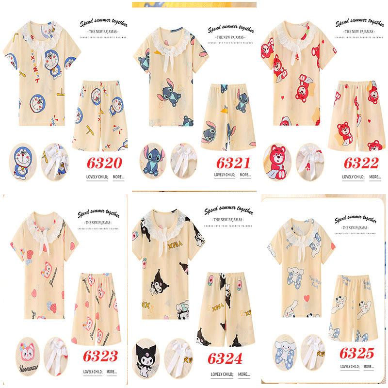 Pijamas de las niñas de verano de dibujos animados para niños de manga corta princesa estilo lindo Delgado medio y grande desgaste del hogar de los niños traje de encaje al por mayor
