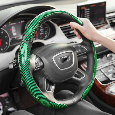 Pattern Steering Wheel Cover, Steering wheel cover - laser-carbon-fiber-green-3-piece-pack-38cm
